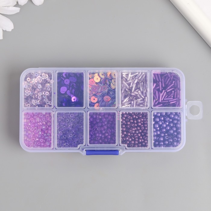Бисер стекло 8/0, 12/0 в шкатулке  Бисер стекло 8/0, 12/0 в шкатулке "Фиолетовый" бусины, стеклярус и пайетки 13х6,5х2,3 см