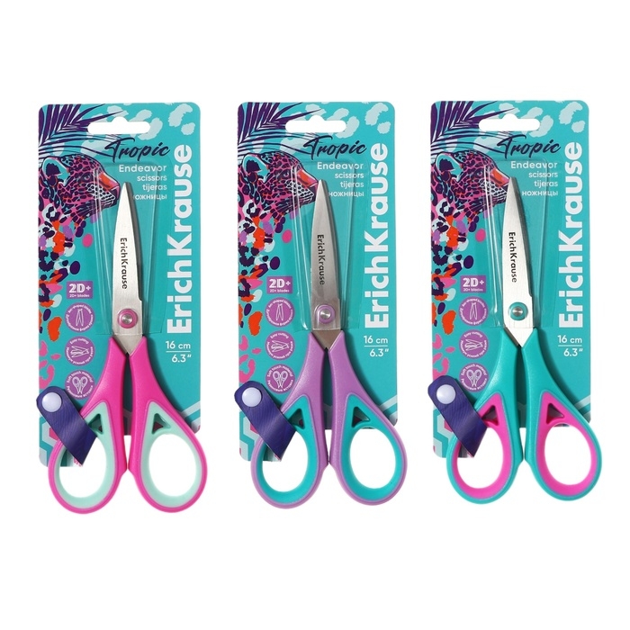 Ножницы ErichKrause Endeavor Tropical, 16 см, двойная заточка, антискользящие резиновые вставки, европодвес, МИКС Ножницы ErichKrause Endeavor Tropical, 16 см, двойная заточка, антискользящие резиновые вставки, европодвес, МИКС