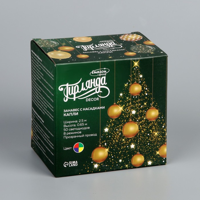 Гирлянда «Занавес» 2.5 × 0.65 м с насадками «Капли», IP20, прозрачная нить, 50 LED, свечение мульти, 8 режимов, 220 В Гирлянда «Занавес» 2.5 × 0.65 м с насадками «Капли», IP20, прозрачная нить, 50 LED, свечение мульти, 8 режимов, 220 В