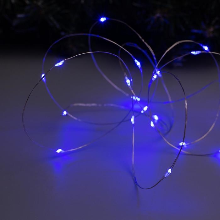 Гирлянда «Нить» 2 м роса, IP20, серебристая нить, 20 LED, батарейки CR2032х2 (в комплекте), свечение синее Гирлянда «Нить» 2 м роса, IP20, серебристая нить, 20 LED, батарейки CR2032х2 (в комплекте), свечение синее