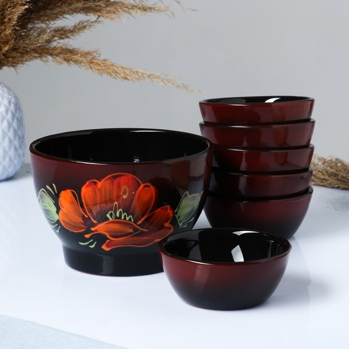 Набор салатников Набор салатников "Лето" 6х0,2л / 1х1л, мак на черном