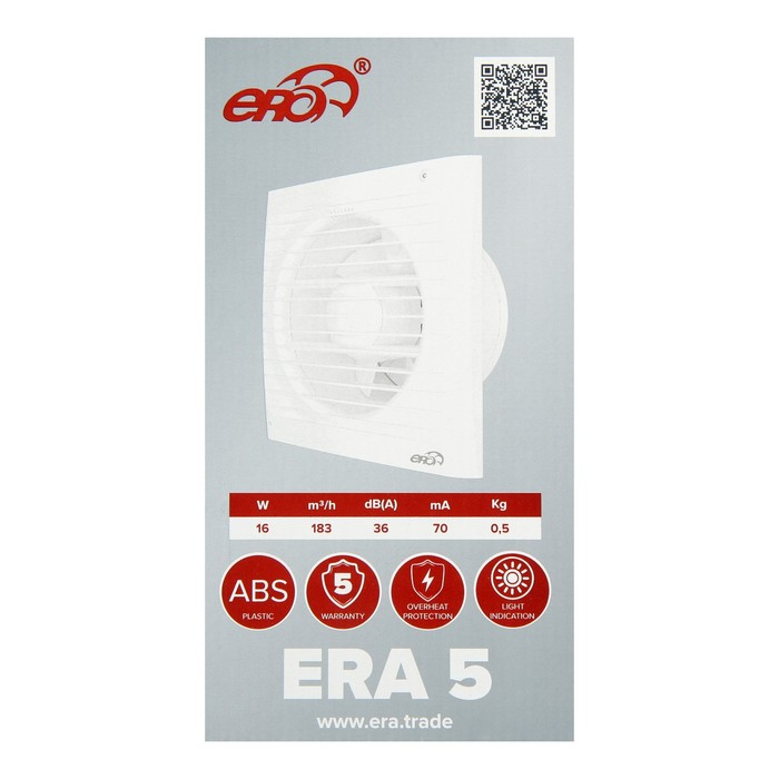 Вентилятор вытяжной ERA 5-02, 175х175 мм, d=125 мм, 220 В, 14 Вт, 36 дБ, 183 м3/ч Вентилятор вытяжной ERA 5-02, 175х175 мм, d=125 мм, 220 В, 14 Вт, 36 дБ, 183 м3/ч