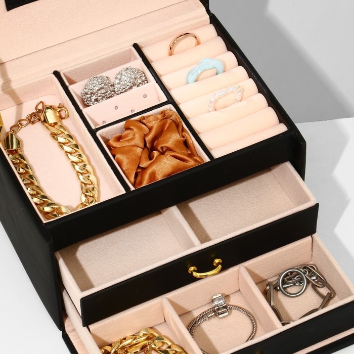 Подставка для украшений «Шкатулка» раздвижная с зеркалом, 17,5×14×13,5, цвет черный Подставка для украшений «Шкатулка» раздвижная с зеркалом, 17,5×14×13,5, цвет черный