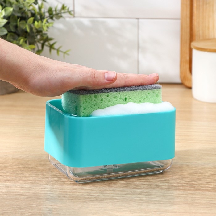 Дозатор для моющего средства с подставкой для губки Raccoon, губка в комплекте, цвет бирюзовый Дозатор для моющего средства с подставкой для губки Raccoon, губка в комплекте, цвет бирюзовый