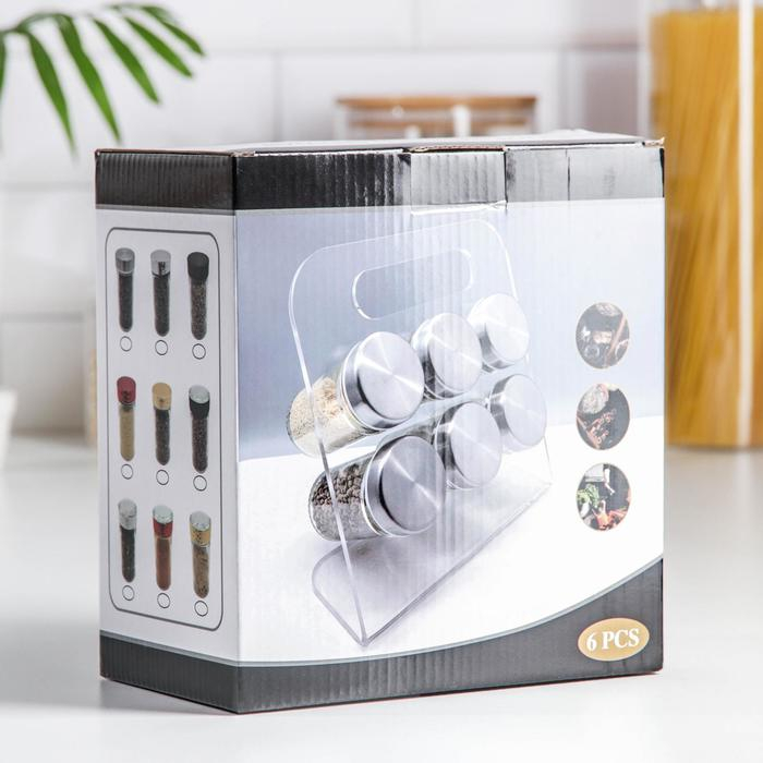 Набор для специй из стекла на подставке «Модерн», 23×9×22 см, 90 мл, 4×9,5 см, 6 шт Набор для специй из стекла на подставке «Модерн», 23×9×22 см, 90 мл, 4×9,5 см, 6 шт