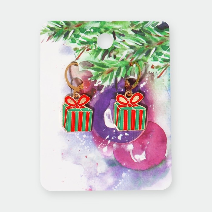 Новый год! Серьги «Подарок» с бантом, цвет красно-зелёный в золоте Новый год! Серьги «Подарок» с бантом, цвет красно-зелёный в золоте