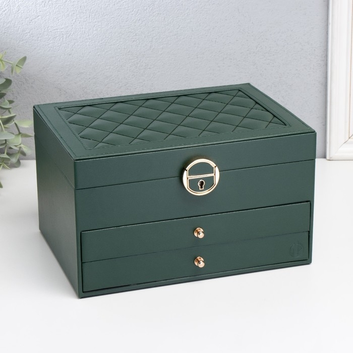 Шкатулка кожзам для украшений  Шкатулка кожзам для украшений "Стёганая с рамкой" зелёная 23х17х13,5 см