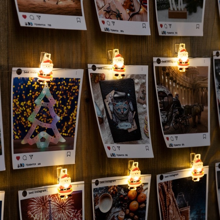 Гирлянда «Нить» 2 м роса с насадками «Прищепки с Дедом Морозом», IP20, серебристая нить, 20 LED, батарейки ААх2 (нет в комплекте), свечение тёплое белое Гирлянда «Нить» 2 м роса с насадками «Прищепки с Дедом Морозом», IP20, серебристая нить, 20 LED, батарейки ААх2 (нет в комплекте), свечение тёплое белое