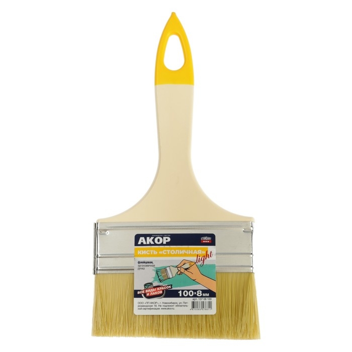Кисть плоская  Кисть плоская "АКОР" Столичная, искусственная щетина, пластиковая рукоятка, 100х8 мм