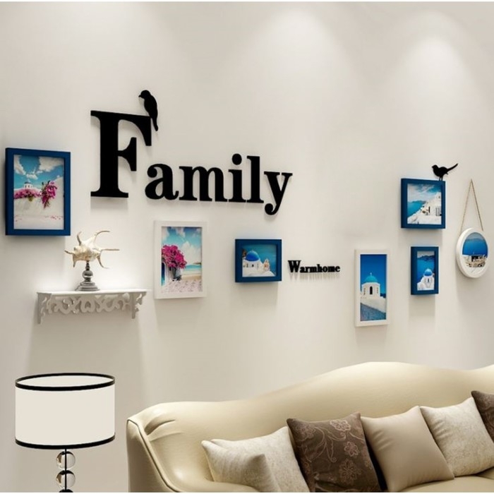 Фоторамка пластик на 7 фото+надпись+полочка  Фоторамка пластик на 7 фото+надпись+полочка "Family. Птицы" сине-белые набор 86х186 см