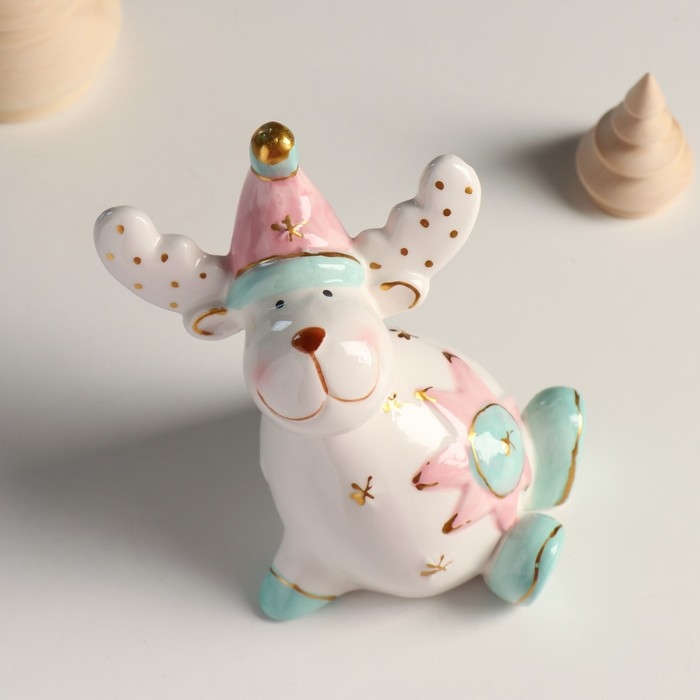 Сувенир керамика  Сувенир керамика "Лосик, розовый колпак, белые рожки в горох" 11,1х11,3х7,7 см