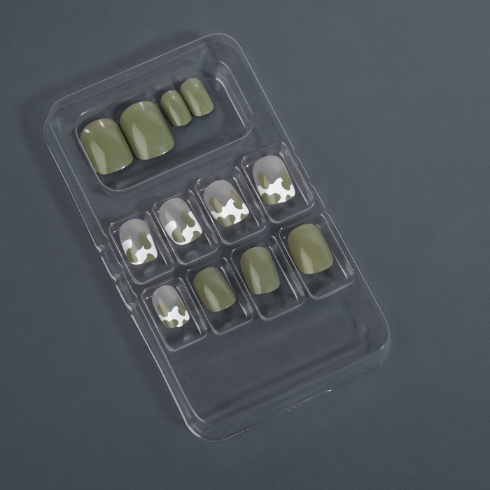 Накладные ногти «Хакки», 12 шт, с клеевыми пластинами, форма мягкий квадрат, цвет зелёный/белый Накладные ногти «Хакки», 12 шт, с клеевыми пластинами, форма мягкий квадрат, цвет зелёный/белый