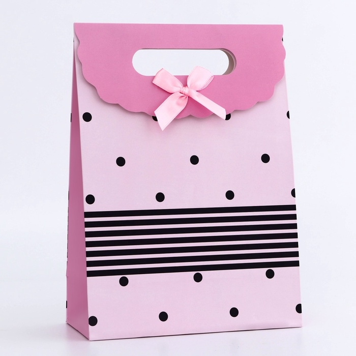 Подарочная коробка-пакет, упаковка с вырубной ручкой, Подарочная коробка-пакет, упаковка с вырубной ручкой, "Розовый горох" , 19 х 9 х 27 см