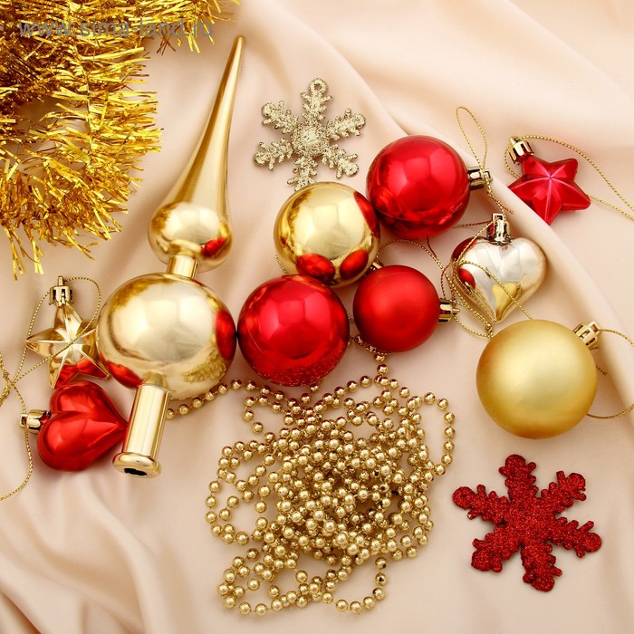 Набор украшений пластик с верхушкой 50 шт Набор украшений пластик с верхушкой 50 шт "Праздник" мишура и бусы, красный золото