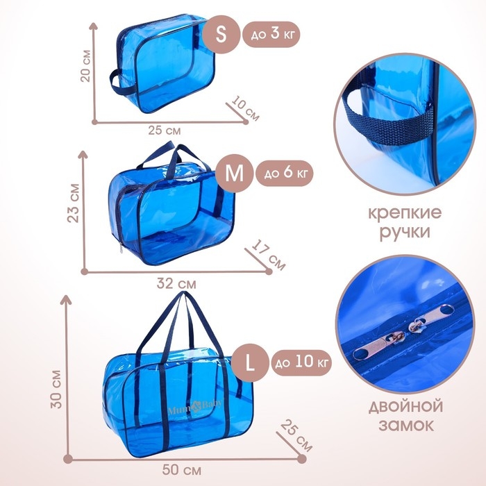Набор сумок в роддом, 3 шт., цвет прозрачный/синий, M&B Набор сумок в роддом, 3 шт., цвет прозрачный/синий, M&B