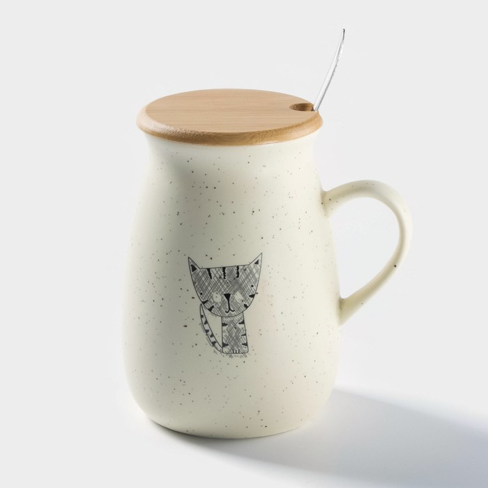Кружка керамическая с деревянной крышкой и ложкой «Пэтти», 350 мл, рисунок МИКС Кружка керамическая с деревянной крышкой и ложкой «Пэтти», 350 мл, рисунок МИКС