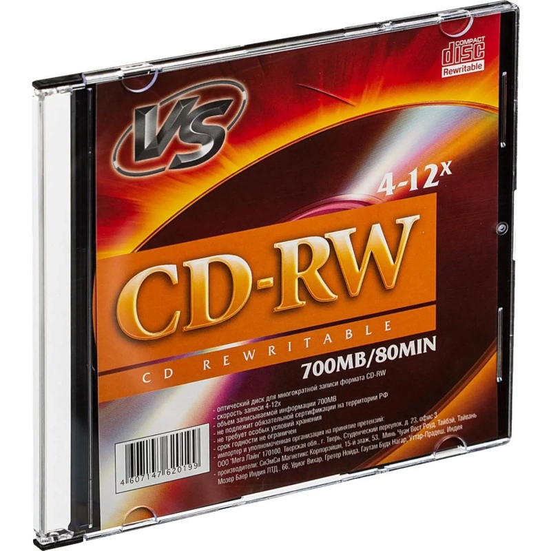 Носители информации CD-RW, 4x-12x, VS, Slim/5, VSCDRWSL501