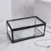 Стеклянная шкатулка для украшений с крышкой, зеркальным основанием, 14.5&times;8.5 см, прозрачная, чёрный каркас