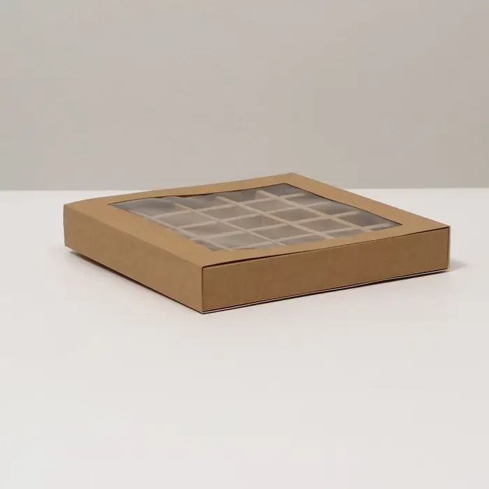 Коробка под 25 шт конфет с обечайкой, крафт, 22 х 22 х 3,5 см