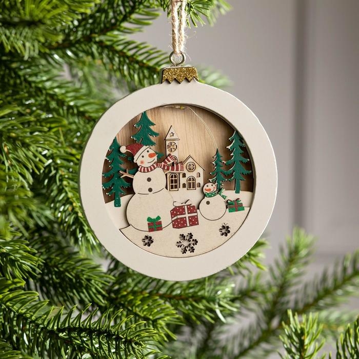 Ёлочная игрушка «Шар со снеговиками», от батареек, свечение тёплое белое Ёлочная игрушка «Шар со снеговиками», от батареек, свечение тёплое белое