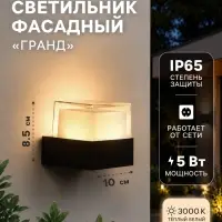 Светильник фасадный &laquo;Гранд&raquo;, 5 Вт, 3000К, IP65, 220 В, пластиковый корпус, чёрный, свечение тёплое белое