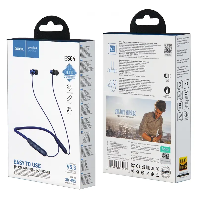 Гарнитура ES64 Bluetooth Sport Wireless Earphones HOCO темно-синяя Гарнитура ES64 Bluetooth Sport Wireless Earphones HOCO темно-синяя