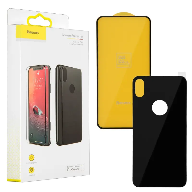 Защитное стекло iPh XS Max  2 в 1 3D (перед + назад) Baseus черное