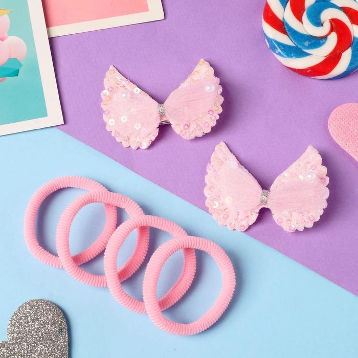 Набор для волос Набор для волос "Карапунька" (4 резинки, 2 зажима) блеск бусинки, 5,5х3,5 см, розовый