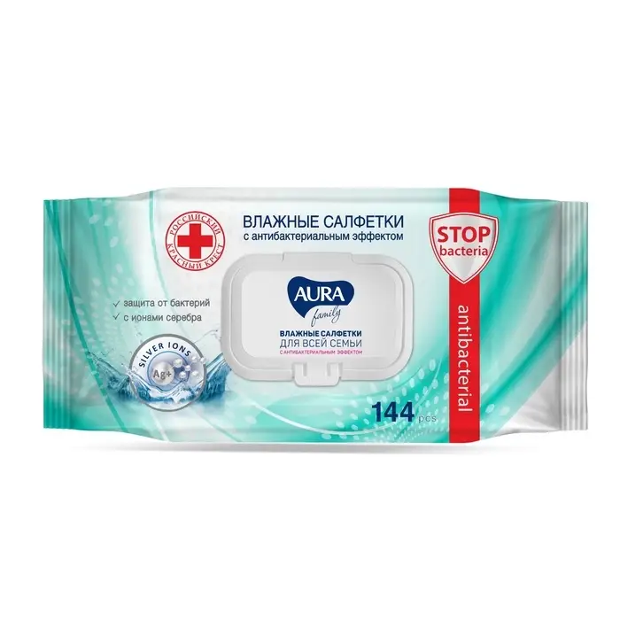 Влажные салфетки AURA FAMILY, с антибактериальным эффектом 144 шт. Влажные салфетки AURA FAMILY, с антибактериальным эффектом 144 шт.