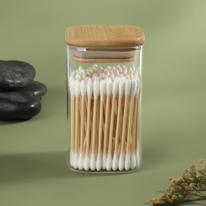 Органайзер для хранения ватных палочек «BAMBOO», с крышкой, 10 × 6 × 6 см, в картонной коробке, цвет прозрачный/коричневый Органайзер для хранения ватных палочек «BAMBOO», с крышкой, 10 × 6 × 6 см, в картонной коробке, цвет прозрачный/коричневый