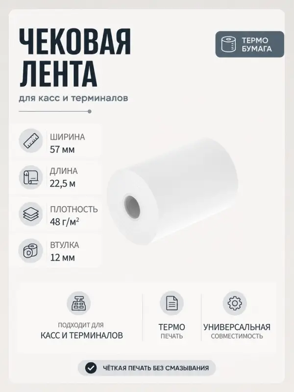 Чековая термолента, ширина 57 мм, длина 22.5 м, втулка 12 мм, 48 г/м&sup2;