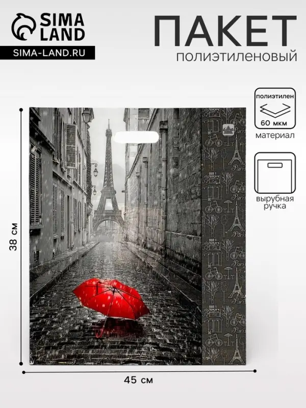 Пакет &laquo;Мой Париж&raquo;, полиэтиленовый с вырубной ручкой, 38&times;45 см, 60 мкм