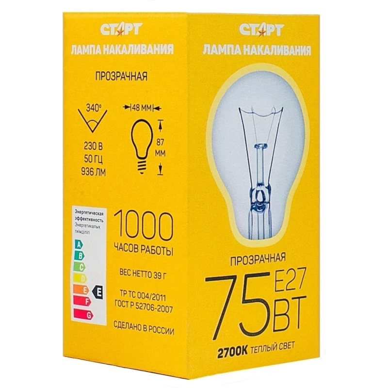Лампа накаливания СТАРТ стандартная/прозрачная 75W E27