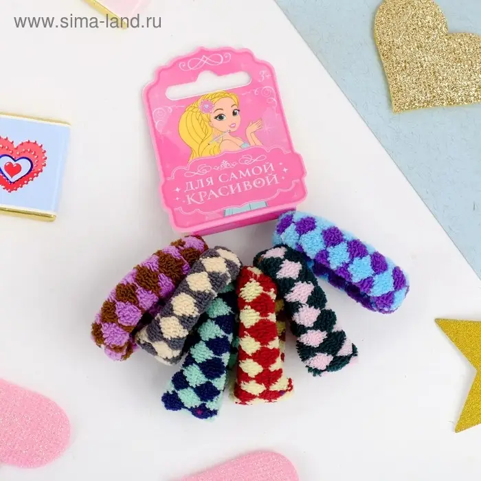 Резинка для волос "Махрушка" 5 см (набор 6 шт) ромбики