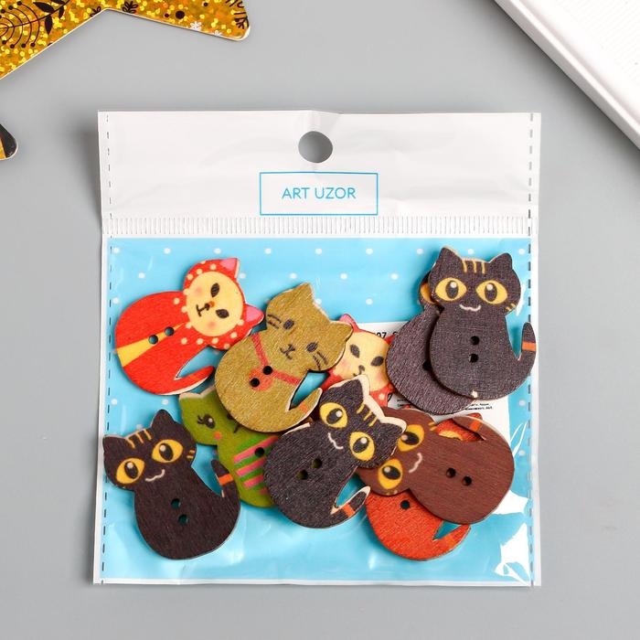 Пуговицы дерево для творчества 2 прокола Пуговицы дерево для творчества 2 прокола "Котята" набор 10 шт 3х2,1х0,2 см