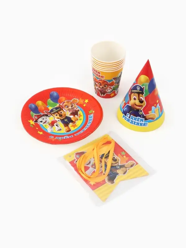 Посуда одноразовая бумажная для праздника &laquo;С днем рождения!&raquo;, на 6 персон, 19 предметов, Щенячий патруль
