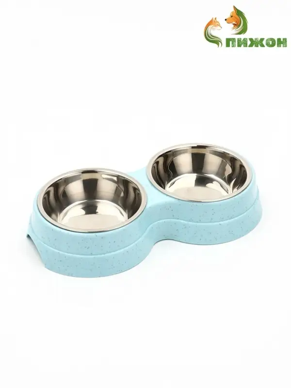 Миска двойная, 2&times;160 мл, 24&times;13&times;4.5 см, на пластиковом основании, металл, голубая