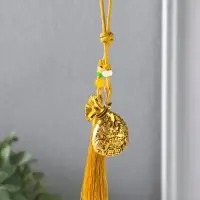 Подвеска металл, текстиль &laquo;Мешок и рыбы с лотосом, с кисточкой&raquo;, золотистый, 1.5&times;5.5&times;14 см