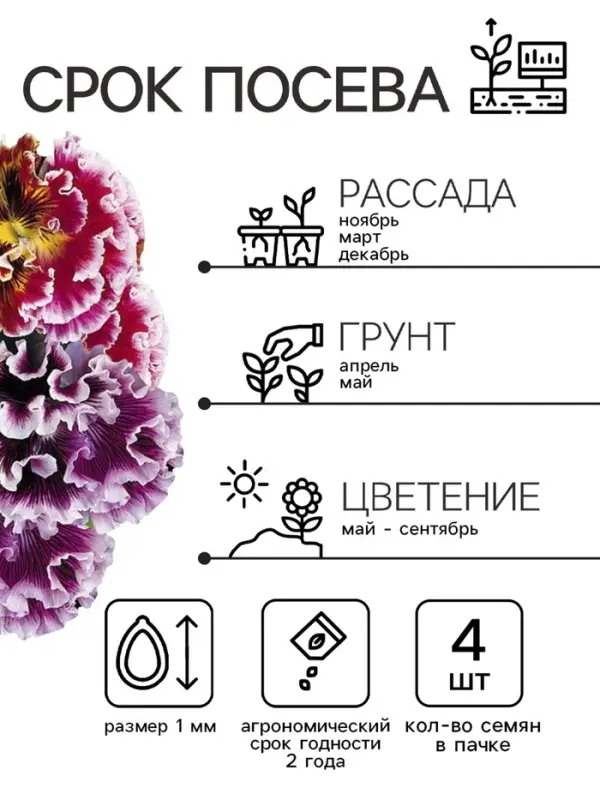 Семена цветов Виола Виттрока &laquo;Махровое кружево&raquo;, триколор, F1, 4 шт., двулетник, &laquo;Гавриш&raquo;