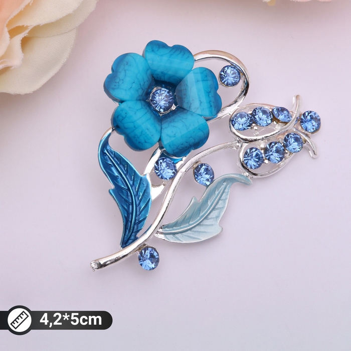 Брошь «Цветение», цвет морской в серебре Брошь «Цветение», цвет морской в серебре