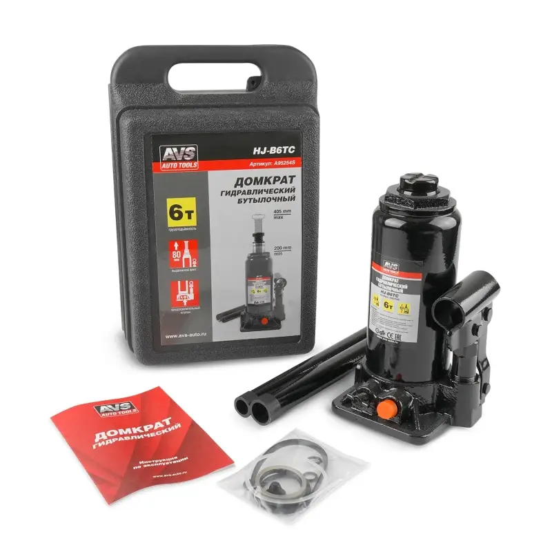 Домкрат гидравлический AVS HJ-B6TC, 6т, 200-405мм. с клапаном, в кейсе (ремкомплект)