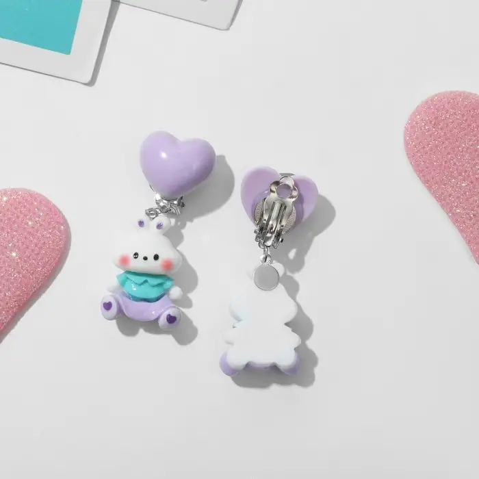 Серьги-клипсы детские «Выбражулька» животные, зайчишки, цвет сиренево-белый Серьги-клипсы детские «Выбражулька» животные, зайчишки, цвет сиренево-белый