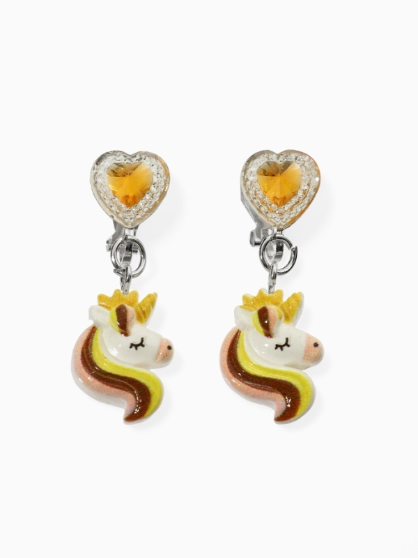 Серьги-клипсы детские  Серьги-клипсы детские "Выбражулька" единорог драгоценность с сердцем кристалл, цвет жёлто-белый