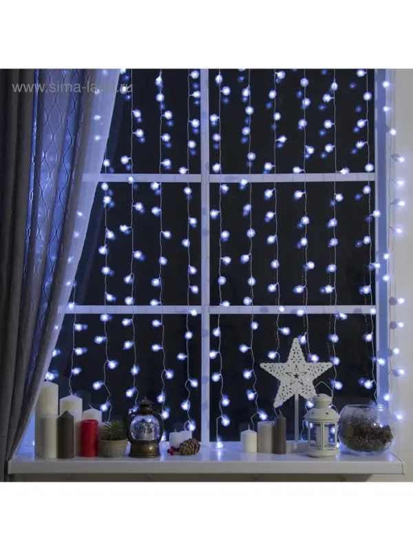 Гирлянда &laquo;Занавес&raquo; 2&times;1.5 м с насадками &laquo;Ёжики&raquo;, IP20, прозрачная нить, 360 LED, свечение белое, 8 режимов, 220 В