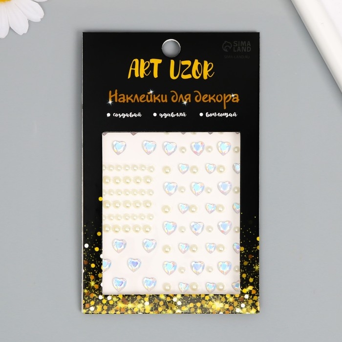 Наклейка пластик стразы Наклейка пластик стразы "Сердечки и жемчужины" 12х10 см
