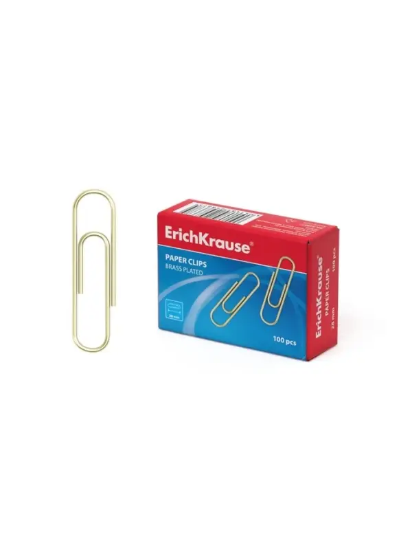 Скрепки канцелярские ErichKrause, 28 мм, 100 шт., омедненные, картонная упаковка