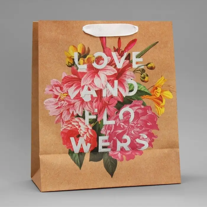 Пакет подарочный крафтовый, упаковка, Love and flowers, 23&times;27&times;11.5 см