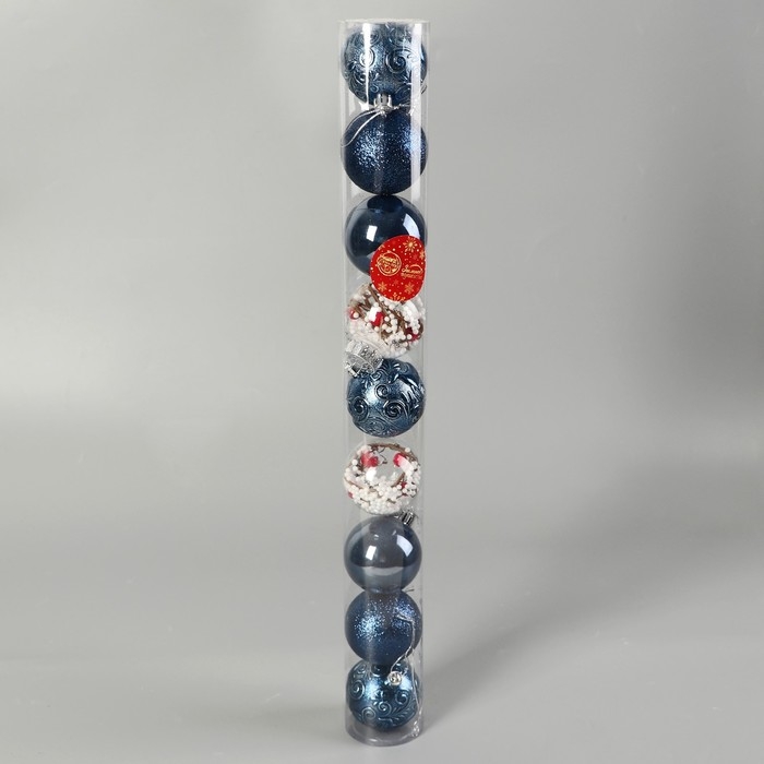 Набор шаров пластик d-6 см, 9 шт Набор шаров пластик d-6 см, 9 шт "Мелодия" веточки блеск узор, синий