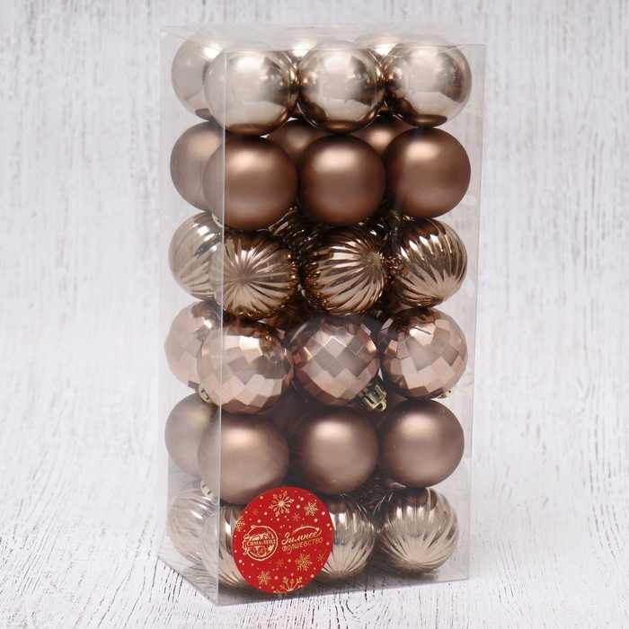 Ёлочные игрушки, шары новогодние , пластик, набор d-4 см, 36 шт Ёлочные игрушки, шары новогодние , пластик, набор d-4 см, 36 шт "Диско ассорти" коричневый