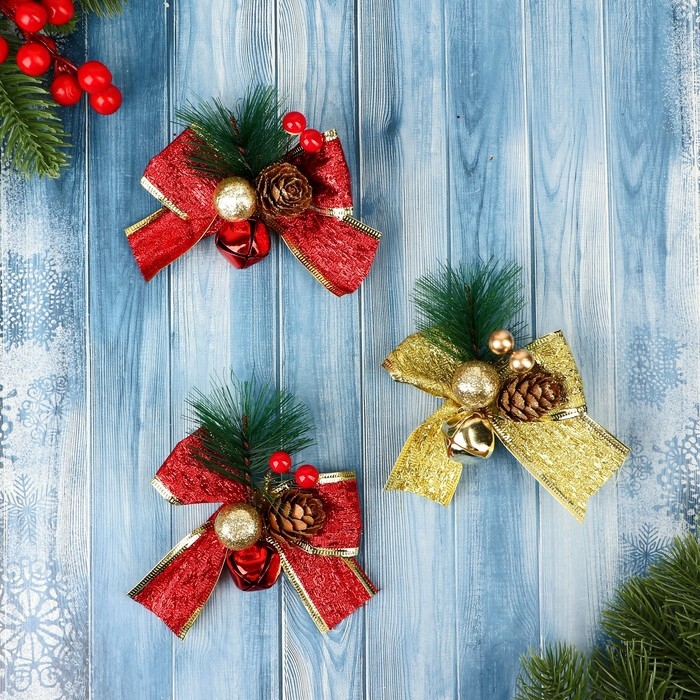 Украшение ёлочное Украшение ёлочное "Зимнее чудо" бантик блеск шарики (набор 3 шт) 10х8 см, микс